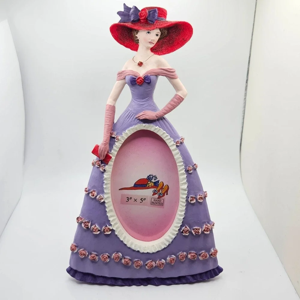 Vintage Red Hat Lady Photo Frame Figurine 3x5 Hand Painted Purple Dress